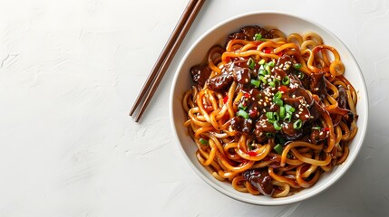 Korean food jajangmyeon wheat noodles and black soybean paste sauce, isolated on white background
