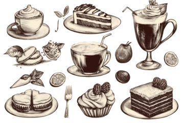 A set of beautiful black and patterned food and drink sketches