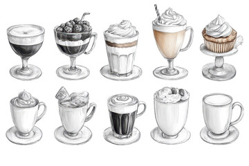 A set of beautiful black and white food and drink sketches