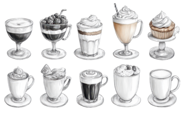 A set of beautiful black and white food and drink sketches