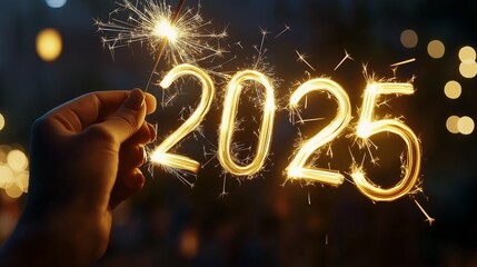 Glowing sparkler forming the number 2025 during a festive evening celebration, symbolizing joy, anticipation, and the excitement of a new year, Generative AI