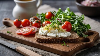 A healthy meal of whole wheat dark (brown) rye bread, curd cream cheese, radish, alfalfa sprouts, ham, cherry tomatoes and green