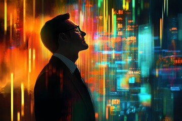 Businessman gazing at vibrant digital data stream.