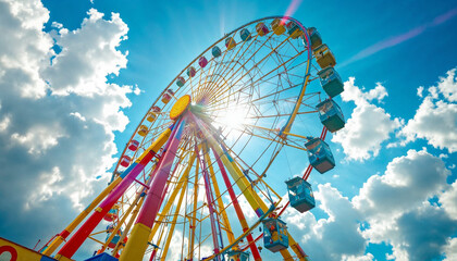 A vibrant ferris wheel with colorful hues under a sunny, blue sky.