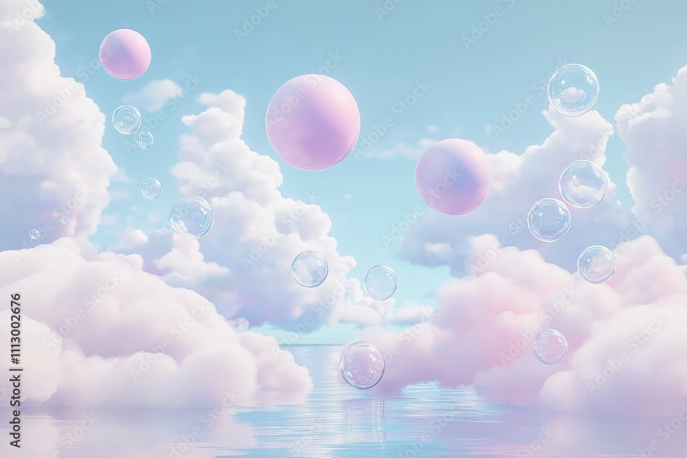 Poster pastel balls, soap bubbles float in dreamy sky with fluffy clouds above calm ocean. gentle light, so