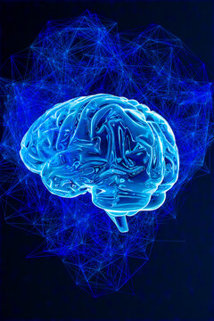 AI links to a glowing brain in a futuristic setup