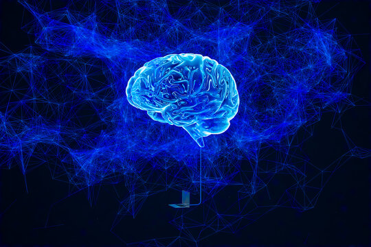 AI links to a glowing brain in a futuristic setup