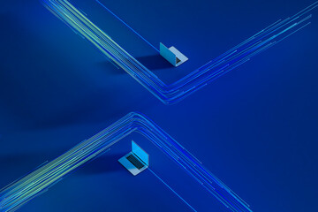 Laptops on a blue background show data flow online