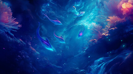  Psychedelic underwater dreamscape with glowing coral and surreal creatures.
