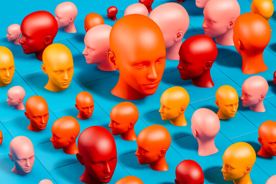 Exploring diversity with colorful head sculptures on a blue backdrop