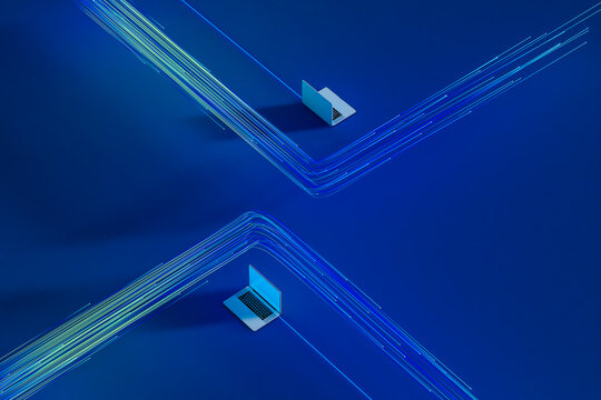 Laptops on a blue background show data flow online