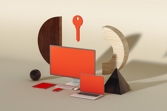 Still life of devices emphasizing security themes