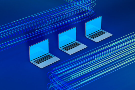 Laptops with data cables on a blue background