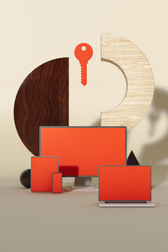 Still life of devices emphasizing security themes