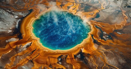 Naklejka premium Aerial view of a volcanic caldera filled with turquoise water with streaks of ochre and orange saltpeter