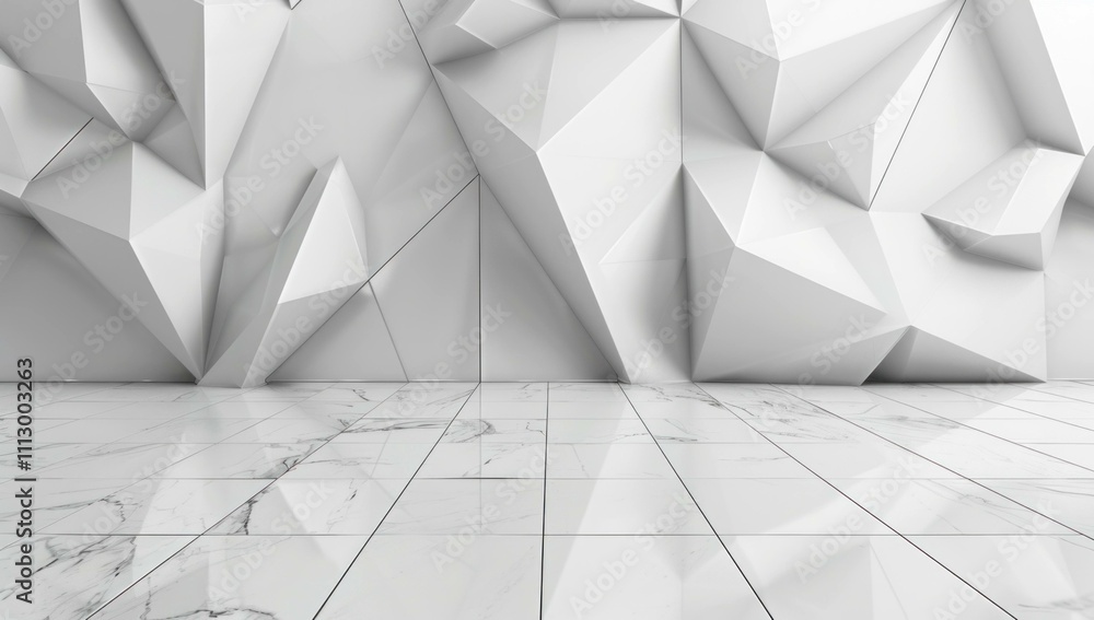 Poster abstract white geometric wall with 3d angular shapes and reflective marble floor creating a modern a