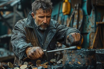 Metal foundry worker with copper and other metal remains and ashes.