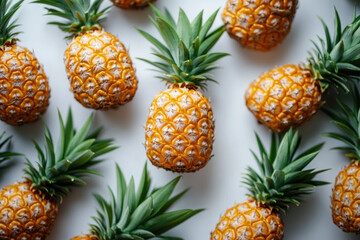 Fototapeta premium Pineapples with white and yellow speckled skin piled on a wooden table at a tropical market.