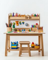 Wooden desk, colorful art supplies, child's stool.