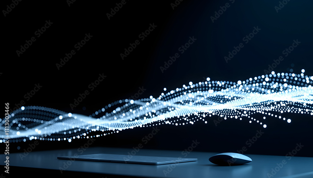 Poster floating glowing dot network on desktop 3d rendering isolated with white highlights, png