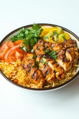 Fototapeta premium Grilled chicken, rice, tomatoes, peppers, herbs in bowl.
