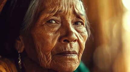 Obraz premium The elderly woman gazes thoughtfully, reflecting her life experiences. Her weathered skin and intense eyes tell stories of resilience and history. Generative AI