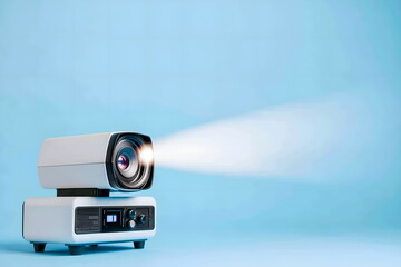 A stack of DVDs, movie posters, and a retro-style projector, arranged artistically with dramatic shadowing
