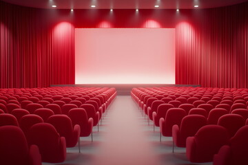 Fototapeta premium An empty cinema hall with plush red seats and a white screen