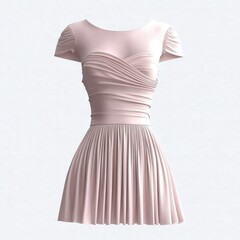 Obraz premium Pleated Pale Pink Dress: Elegant Short-Sleeved, Fitted Bodice, Flared Skirt