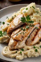 chicken breast in a creamy sauce with mashed potatoes 