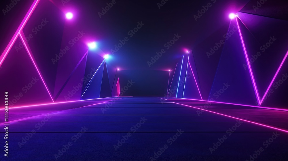 Poster empty space scene with neon lights. dark night studio. geometric shapes create tech futuristic desig