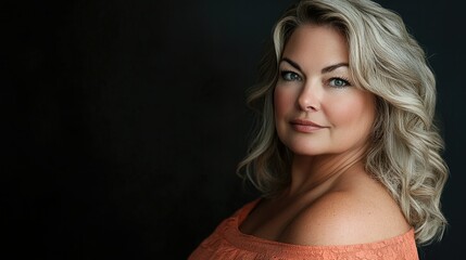 Naklejka premium Mature Woman's Portrait: Shoulder-length blonde hair, peach-colored off-the-shoulder top, dark background.