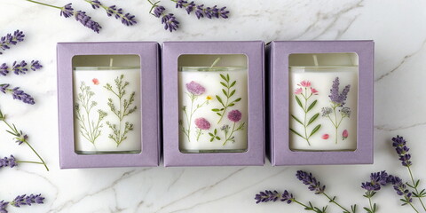 Floral scented candles in lavender boxes on marble background
