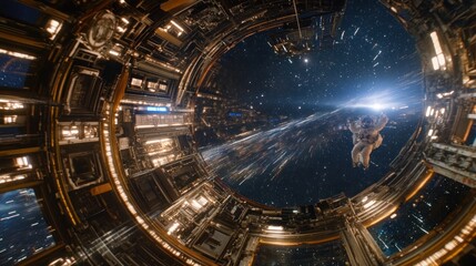 Obraz premium A futuristic space scene featuring an astronaut amidst a starry backdrop and advanced technology.