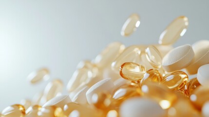 A close-up view of an assortment of dietary supplements including yellow and white capsules, with ample space for text or branding. A clean backdrop enhances focus on the supplements