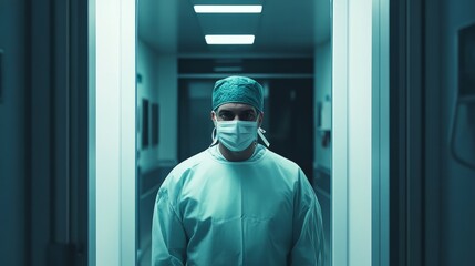 A healthcare professional stands in a dimly lit hospital corridor. Dressed in a surgical gown and mask, the individual exudes focus and determination, ready for the next challenge in patient care