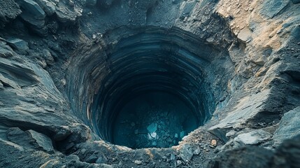 A deep, circular shaft reveals layers of rock and minerals, emphasizing geological structure. The site invites exploration and study of natural formations, surrounded by rugged landscape