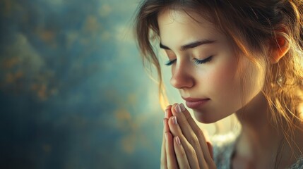 Fototapeta premium A woman appears deep in thought, hands clasped in prayer while her eyes are closed. The gentle lighting creates a serene and tranquil atmosphere, enhancing her peaceful expression