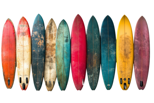 Colorful surfboards on a white background