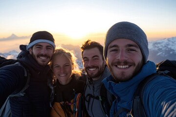 A cheerful group of friends stands together at a mountain summit, basking in the glory of their accomplishment and the breathtaking sunrise, embodying camaraderie and adventure.