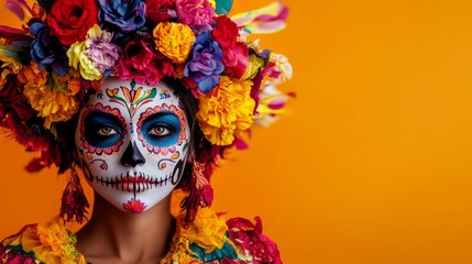 A vibrant woman showcases traditional day of the dead makeup and a floral headdress, highlighting cultural significance and artistry. The bright background amplifies her colorful attire