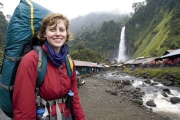 Young caucasian female hiker smiling near waterfall in mountainous landscape