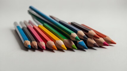Fototapeta premium Colored pencils on white background. Close-up. Flatlay. Copy space 