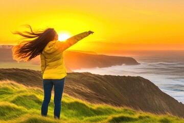 Young caucasian female enjoying sunset on scenic coastal cliff