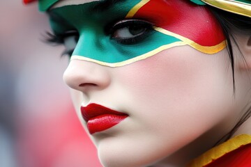 Female in colorful mask with red lips and green eye makeup close-up portrait