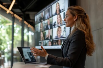 A confident woman engages in a virtual meeting, presenting to a diverse group on-screen behind her, demonstrating leadership and communication skills in a modern workspace.