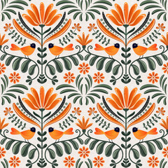 
Vintage floral ornament with blooming flowers and birds, orange and green color, seamless pattern
