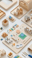 Wooden architectural models, colorful shapes, design elements.