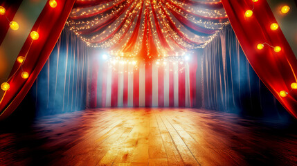 Vibrant circus tent with sparkling lights for world circus day celebration. Horizontal banner. Copy space