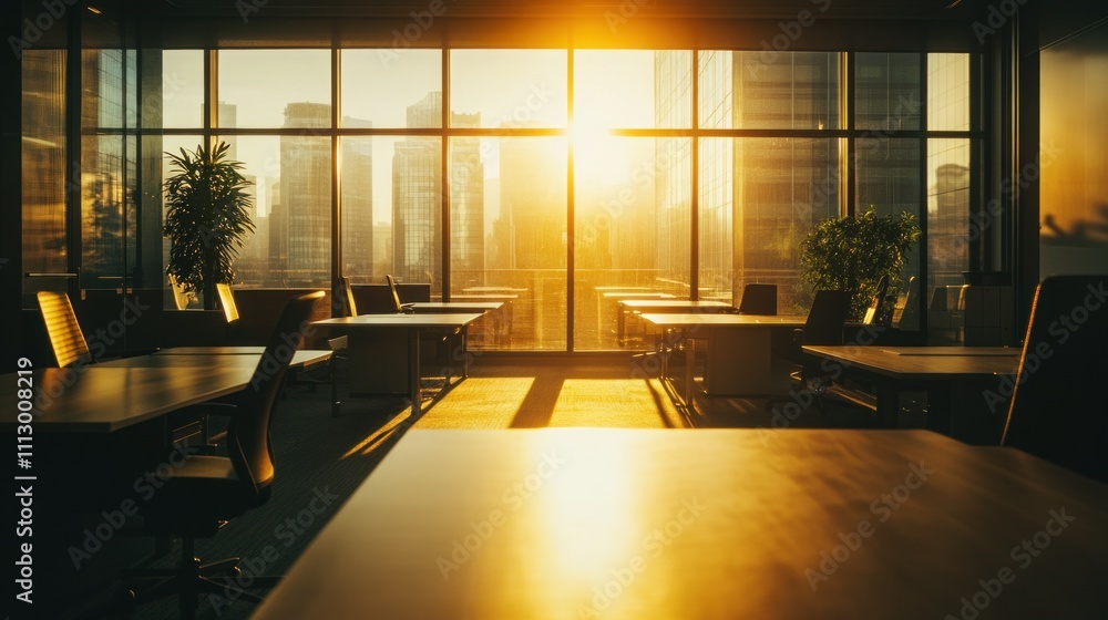 Poster sunlight streams through an office, illuminating empty desks and cityscape views.